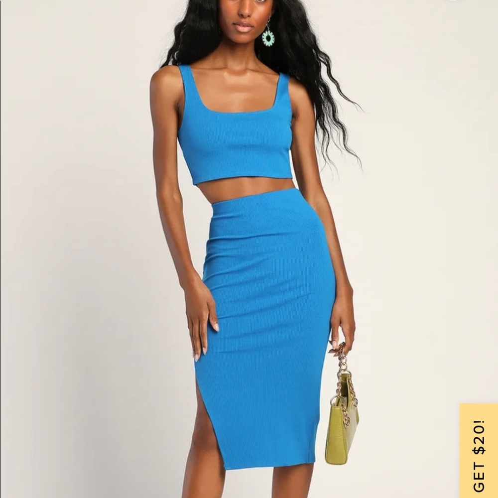 Set For Life Blue Ribbed Bodycon Two-Piece Dress